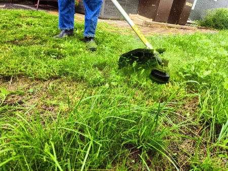 A man worker cutting green grass with a manual lawn mower in summer or spring day. The concept of...