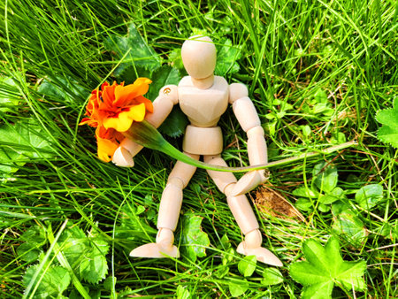 Wooden toy man with flowers against background grass in nature. Concept of holiday, gift bouquet, Valentine's Day, proposal, engagement, declaration of love, Mother's Day. Caring, loving and romanticの写真素材
