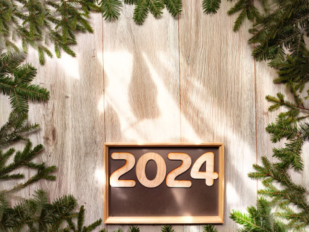 Wooden figures and numbers of the new year 2024 with frame and fir branches of Christmas tree. celebration. Abstract background, pattern, frame, place for text, copy spaceの写真素材