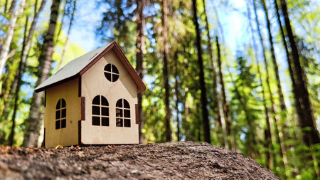 Miniature toy house in forest close up, spring natural background. symbol of family. mortgage, construction, rental, property concept. Eco friendly home. template for design, soft selective focusの写真素材