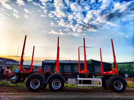 Truck without trailer box and car on the side of asphalt road and blue sky with white clouds on background. New Truck transporter. Trailer saleの写真素材