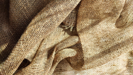 Natural fabric texture, frame and background of burlap. Rough crumpled burlap background. selective focusの写真素材