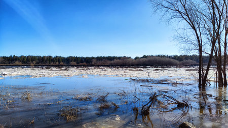 Spring landscape with water and ice on river and blue sky in background in sunny day. Ice drift and flood on river with sunの写真素材