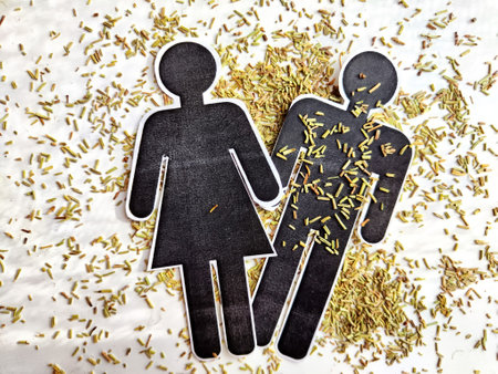Concept of separating, death, divorce family or couple of man and woman with drugs and bad thing. Bad addiction to drugs. Paper black figurines of man and woman and one partner is covered with seedsの写真素材