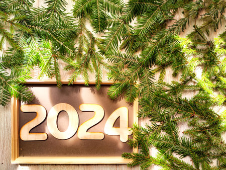 Wooden figures and numbers of the new year 2024 with frame and fir branches of Christmas tree. celebration. Abstract background, pattern, frame, place for text, copy spaceの写真素材
