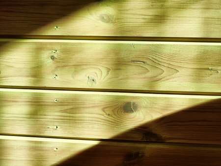 Green wooden planks and geometric shadows and light. Abstract background, texture, pattern, frame, place for text, copy spaceの写真素材