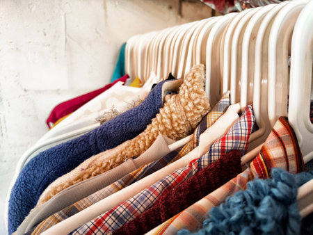 Hangers with a variety of clothes on white rack. Home storage of clothes. Clutter. Littery. Declutter. Garage saleの写真素材