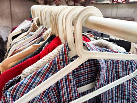 Hangers with a variety of clothes on white rack. Home storage of clothes. Clutter. Littery....