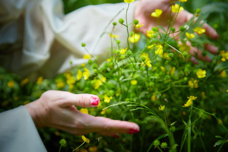 Adult mature woman 40-60 in a green long fairy dress in forest. Photo shoot in style of dryad and queen of nature. Fairy in beautiful green summer forest. Concept of caring for natureの写真素材