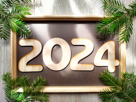 Wooden figures and numbers of the new year 2024 with frame and fir branches of Christmas tree. celebration. Abstract background, pattern, frame, place for text, copy spaceの写真素材