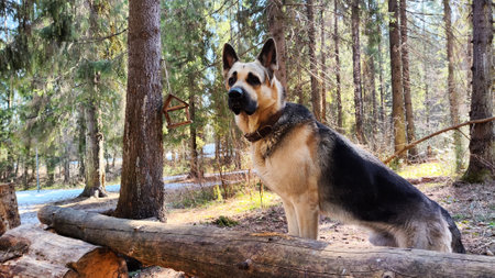 Dog German Shepherd in the green forest in summer, spring or autumn season. Big Russian eastern European dog veo walk on nature landscapeの写真素材