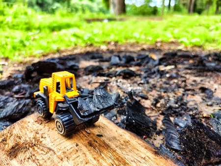 Small yellow toy tractor is working outside. The concept of the effectiveness of technology in...