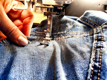 Sewing machine and blue jeans fabric. A woman's hand and fingers next to a sewing machine needle when sewing up tear in denimの写真素材