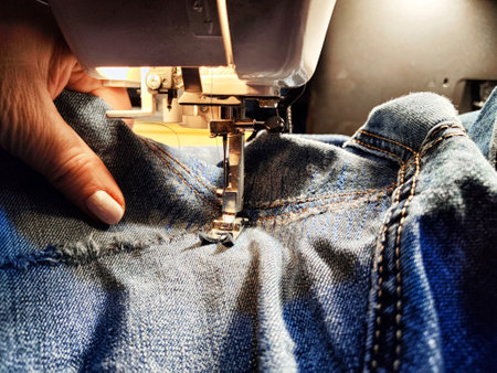 Sewing machine and blue jeans fabric. A woman's hand and fingers next to a sewing machine needle...