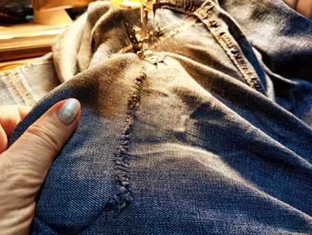 Sewing machine and blue jeans fabric. A woman's hand and fingers next to a sewing machine needle...