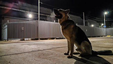 Dog German Shepherd is guarding territory at night. Russian eastern European dog veo at evening dark timeの写真素材