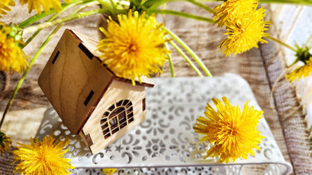 miniature toy house in grass and dandelion flowers, spring natural background. symbol of family. mortgage, construction, rental, property concept. Eco Friendly home. soft selective focus. copy spaceの写真素材