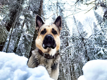 Dog German Shepherd in forest or in park in a winter day and white snow surrounding. Waiting eastern...