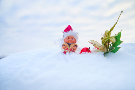 Cute little funny dwarf And a shiny twig in the snow in the landscape in winter. Wizard on a snowy background. Christmas and New Yearの写真素材