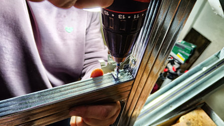 Man hands drilling metal planc in construction. Building iron fence with drill and screw. Close up...