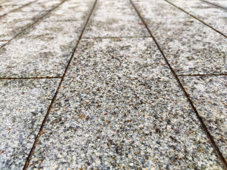 paving stone tiles of square and rectangular shape of gray in perspective. Close up road surface....