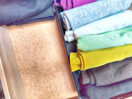 Tidy and organized clothes with the konmari method. Storage of T-shirts folded in box