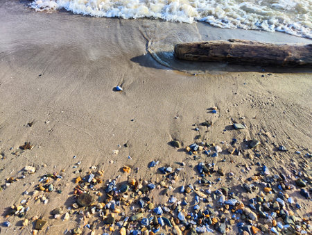 Yellow sand, pebbles and a transparent wave as a background, texture. Abstract pattern, place for text and copy spaceの写真素材