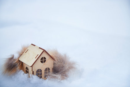 Wooden toy house in a fur cape on snow, natural abstract background. winter season concept. symbol of cozy, loving family home. construction, sales, rental. Christmas and new year holidays. copy spaceの写真素材