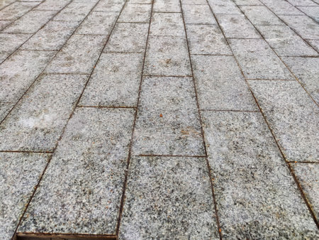paving stone tiles of square and rectangular shape of gray in perspective. Close up road surface. Abstract Background, texture, frame, place for text and copy spaceの写真素材