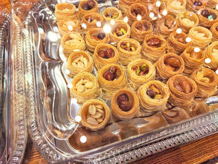 Various types or many colorful assortment of Turkish sweets for sale in shop food festival. Baklava...
