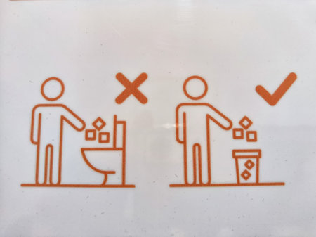Guidance on correctly disposing of waste in restroom. Public Restroom Sign Illustrating Proper Trash Disposalの写真素材