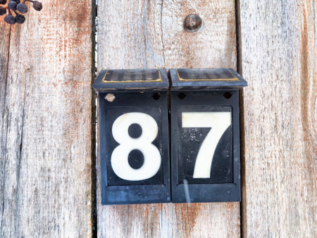 Number 87 on a Blue Sign Against Wooden Background. A bold white number 87 centered on weathered...