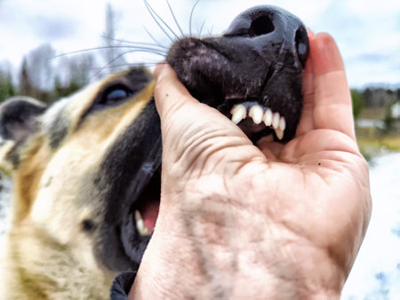 Person Holding Dogs Mouth With Teeth. A person gripping shepherd dogs mouth as it bites their handの写真素材
