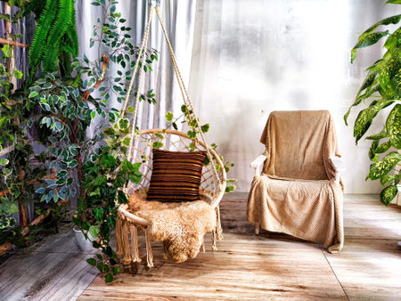 Mdern cozy beautiful room with braided rope macrame chair, green plants and window with curtains....