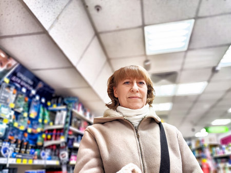Middle-Aged Woman Shopping for Care Products at a Cosmetics Store. A woman browsing care products in well-stocked cosmetics aisleの写真素材