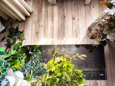A glass tabletop reflects vase of green plants and a window with white curtains