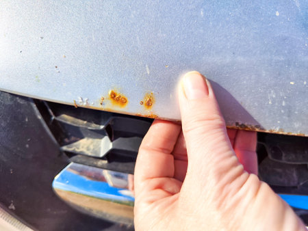 A close up image showing rust damage along the edge of car hoodの写真素材