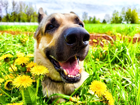 A German Shepherd dog with black nose and pink tongue lays in tall green grass, sniffing yellow dandelions. Partial focusの写真素材