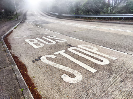 A quiet bus stop sits on a deserted, fog-covered road with trees lining both sides, creating a serene atmosphere.の写真素材