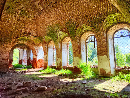 Sunlight filters through the windows of a dilapidated building, highlighting brick arches and vibrant greenery inside.の写真素材