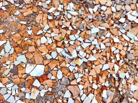 broken tile floor in the garden, close up of broken tile floorの写真素材