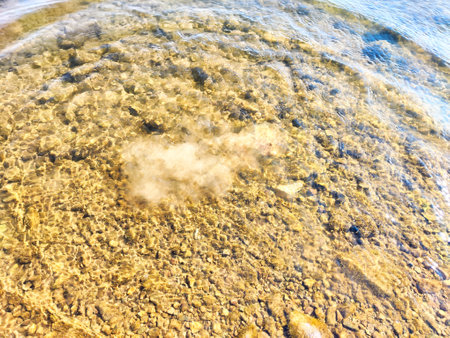 The sunlight reflects off tranquil waters, showing casing pebbles and stones on the lakebed beneath the surface.の写真素材