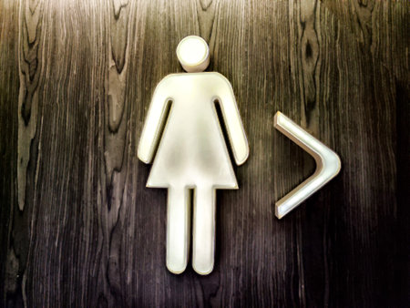 A restroom sign depicting a female figure in red, emphasizing accessibility and clarity in public spaces.の写真素材