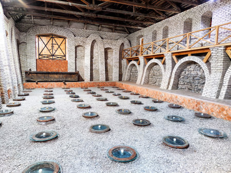 The wine cellar in Georgia showcases traditional methods with clay vessels arranged on gravel, symbolizing the heritage of local viticulture.の写真素材