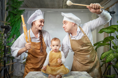 A family enjoys a fun cooking session, playfully covered in flour while engaging with their little ones in a warm kitchenの写真素材