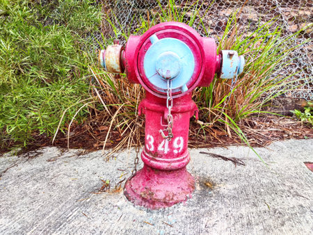A vibrant fire hydrant with blue details stands amidst tall grass and plants along a concrete surface, showing casing urban infrastructure.の写真素材