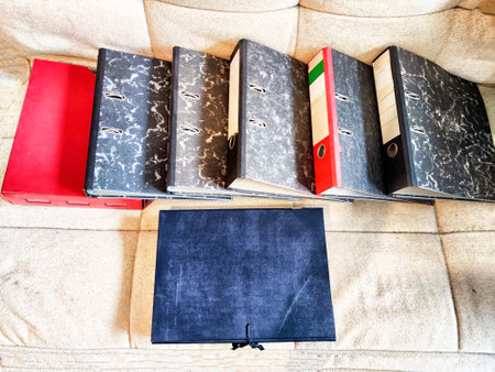 Multiple binders of different colors and sizes are displayed on beige couch, highlighting...