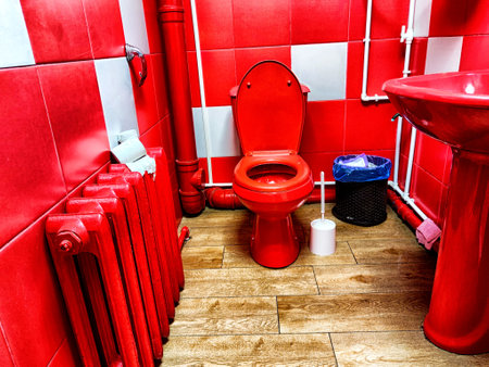 A bright red toilet and matching washbasin are placed in colorful restroom with wooden flooringの写真素材