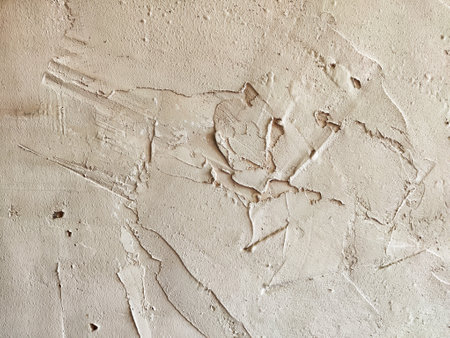 A textured plaster wall showcases intricate patterns and markings, hinting at artistic techniques or natural aging processes.の写真素材