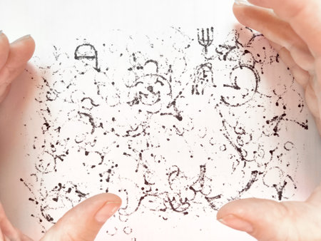 Two hands hold gently a piece of paper covered in intricate abstract patterns and markings, showing a creative process.の写真素材